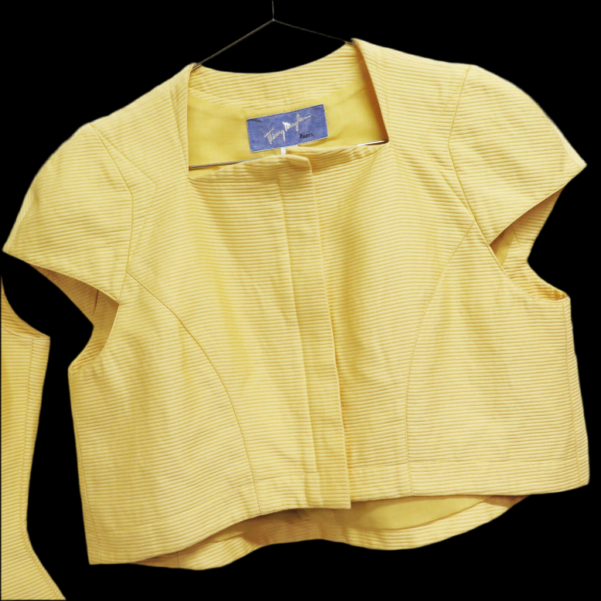 ⚡ POWER DRESSING: Thierry Mugler 1990s Yellow Ribbed Cutout Dress & Jacket Set - Sculptural Elegance