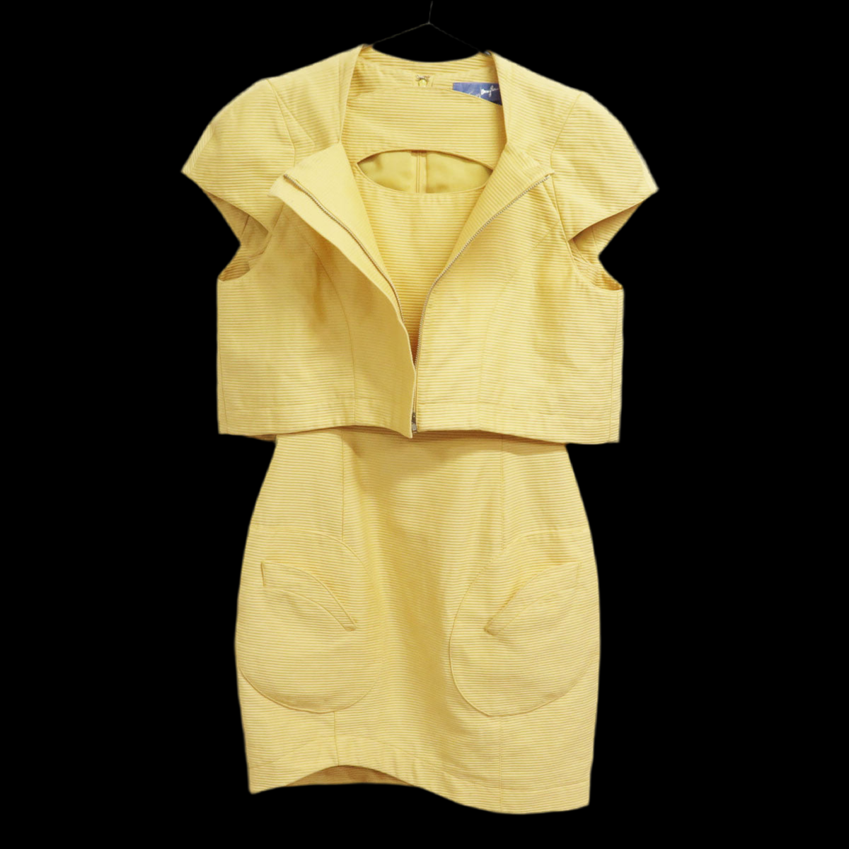 ⚡ POWER DRESSING: Thierry Mugler 1990s Yellow Ribbed Cutout Dress & Jacket Set - Sculptural Elegance