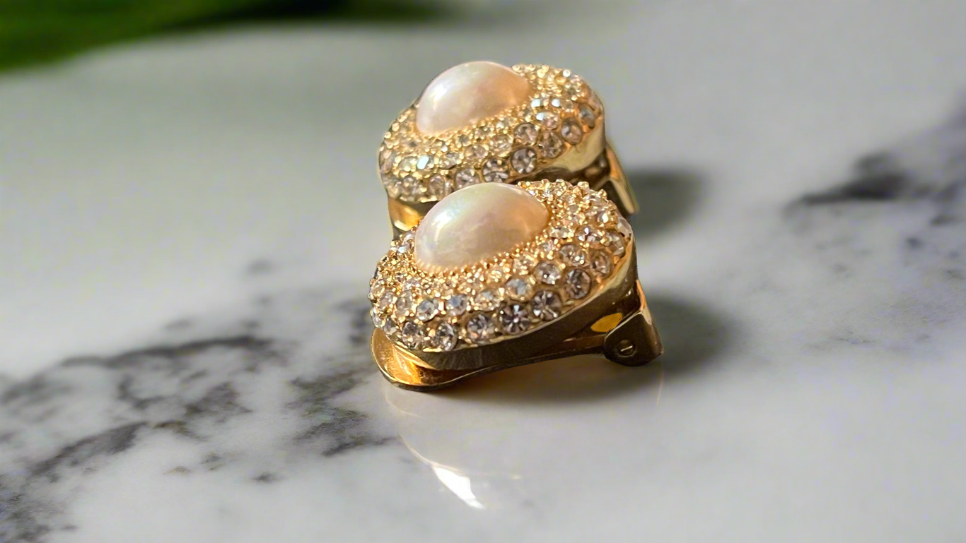 💎 ICONIC LUXURY: Dior 1980s Gold Plated Crystal & Pearl Clip-On Earrings
