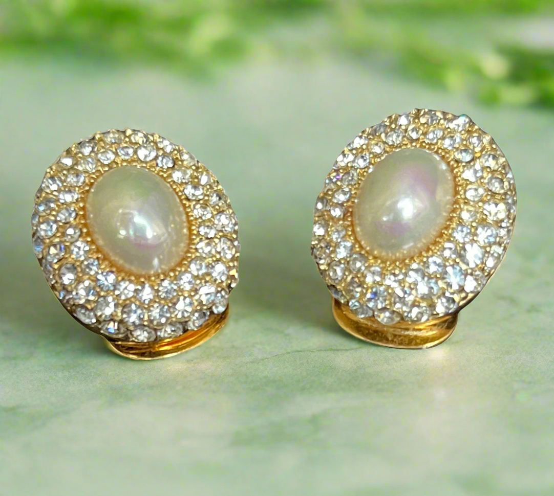 💎 ICONIC LUXURY: Dior 1980s Gold Plated Crystal & Pearl Clip-On Earrings