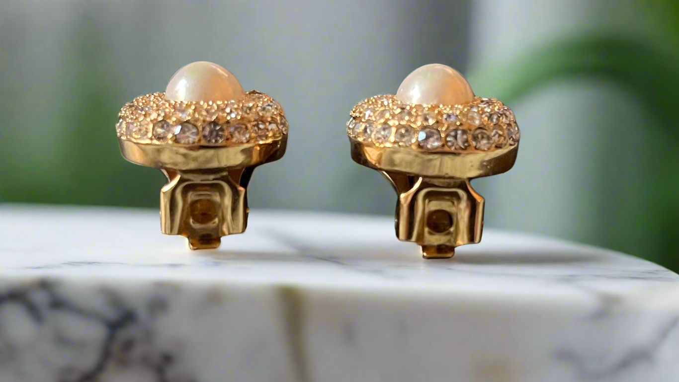 💎 ICONIC LUXURY: Dior 1980s Gold Plated Crystal & Pearl Clip-On Earrings