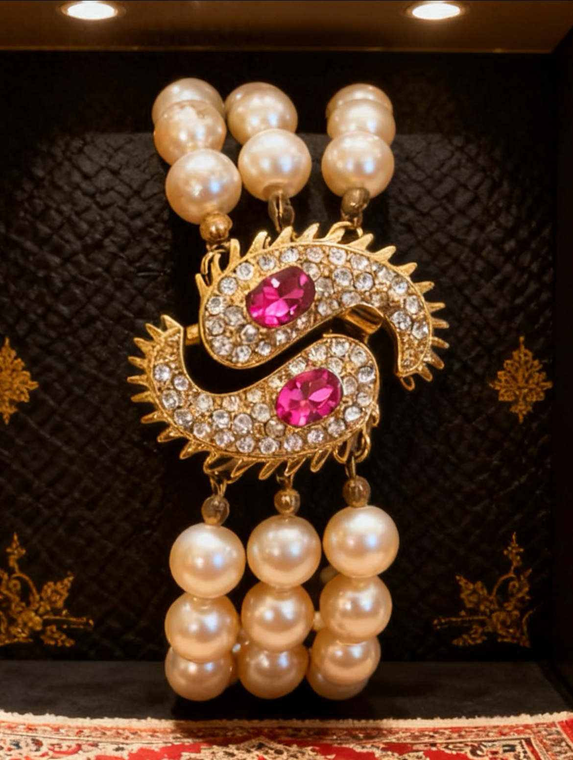 Vintage Kenneth Jay Lane Mughal Paisley Triple Strand Pearl Bracelet