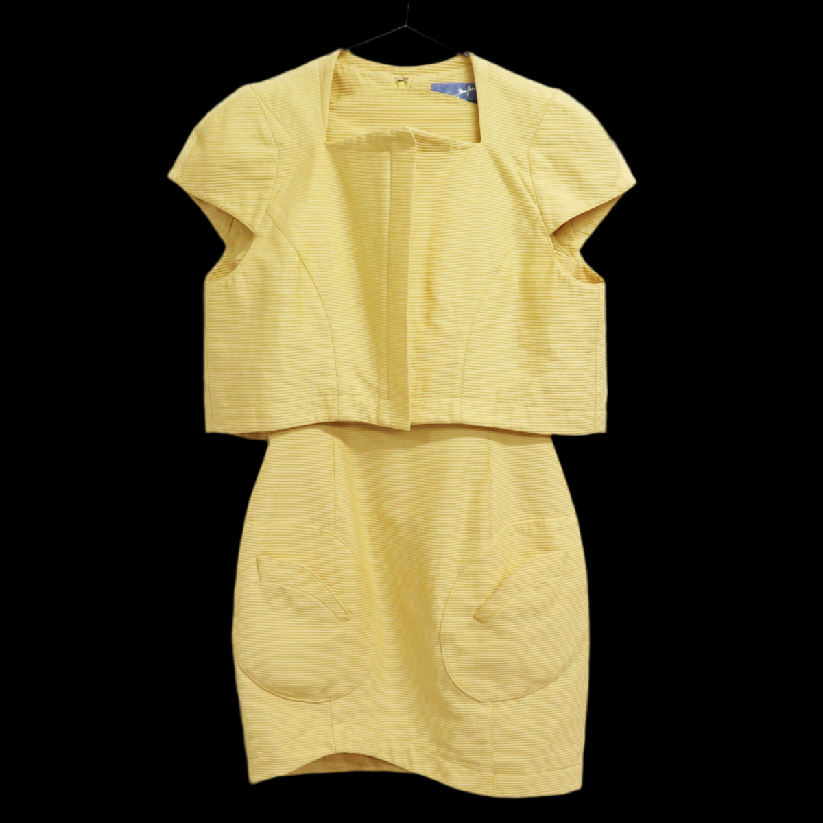 ⚡ POWER DRESSING: Thierry Mugler 1990s Yellow Ribbed Cutout Dress & Jacket Set - Sculptural Elegance