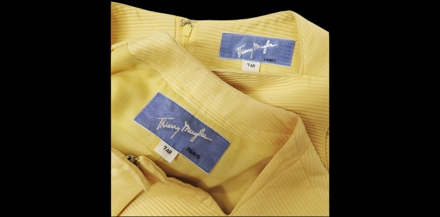 ⚡ POWER DRESSING: Thierry Mugler 1990s Yellow Ribbed Cutout Dress & Jacket Set - Sculptural Elegance