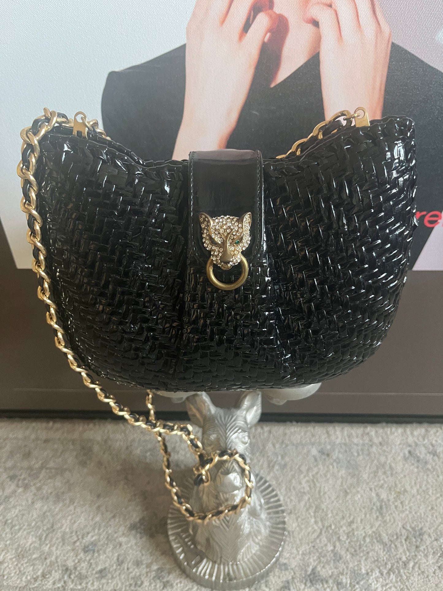 🐆 ITALIAN LUXURY: Vintage Mila Schön Black Woven Basket Bag - Crystal Panther Clasp