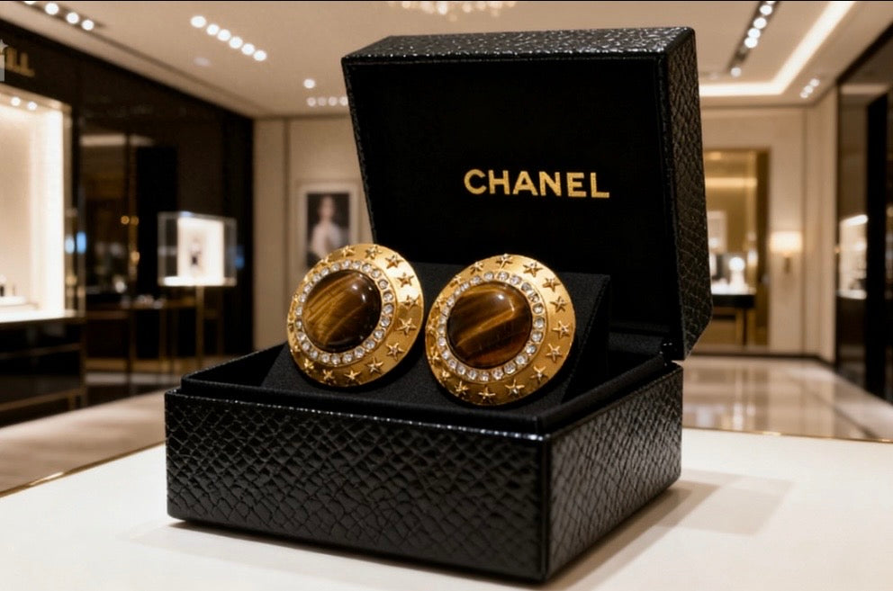 1988 Chanel Tiger's Eye Rhinestone Gold Plated Extra Large Clip Earrings