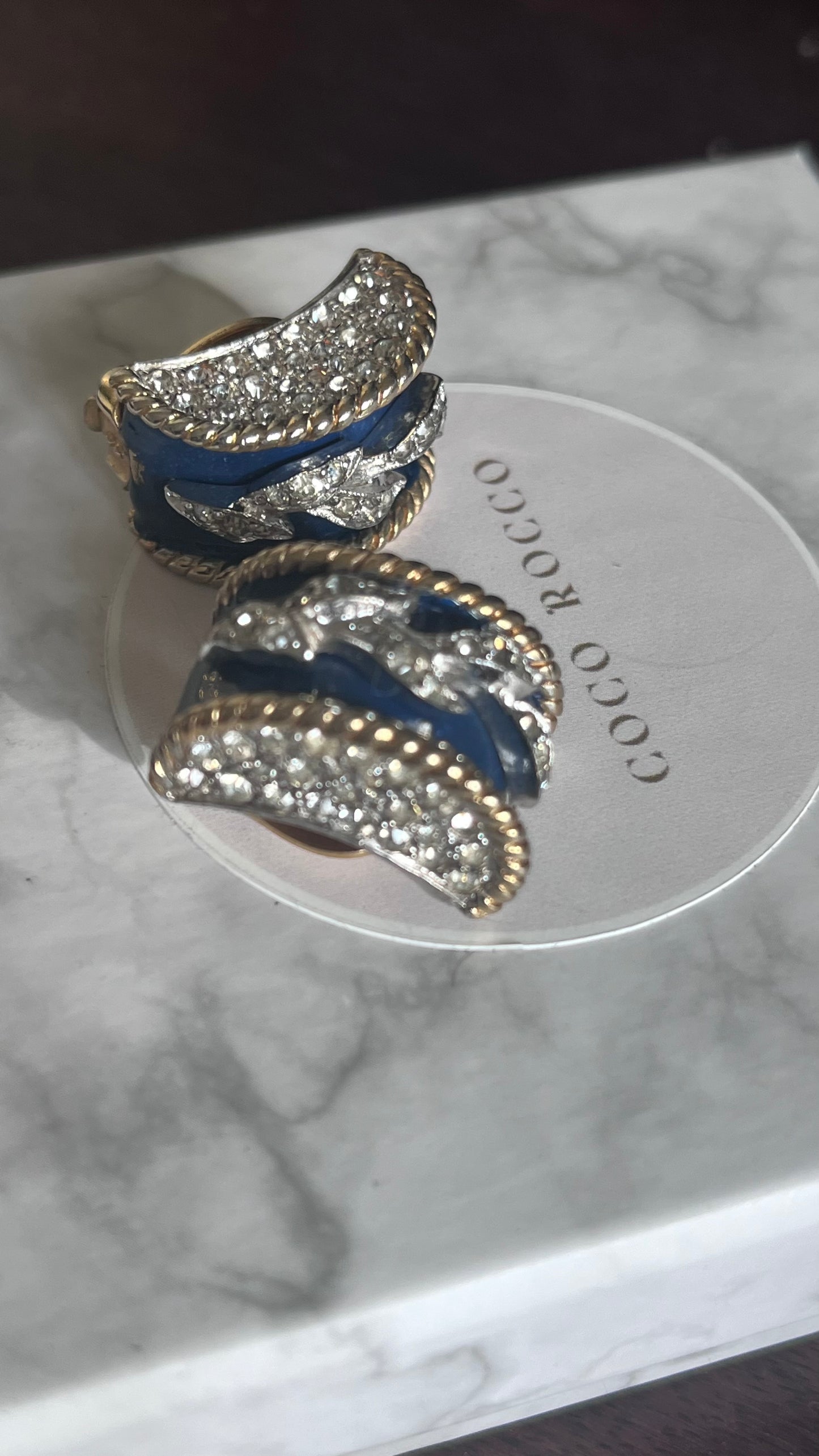 Joseph Mazer 'Empress Josephine' Navy Enamel & Crystal Bracelet and Earrings Set c.1950