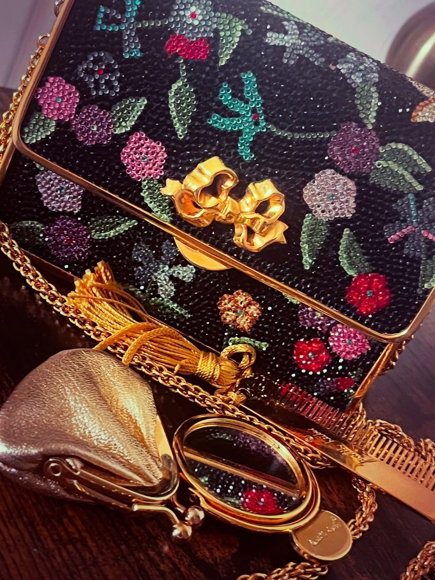 💎 MUSEUM TREASURE: Judith Leiber 1980s Crystal Floral Minaudière - Complete with Mirror, Coin Purse & Comb