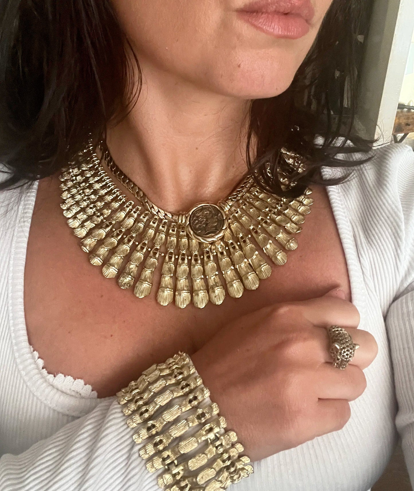 🐛 STATEMENT POWER SET: BSK Cleopatra Scarab Necklace & Bracelet - Ancient Egyptian Glamour