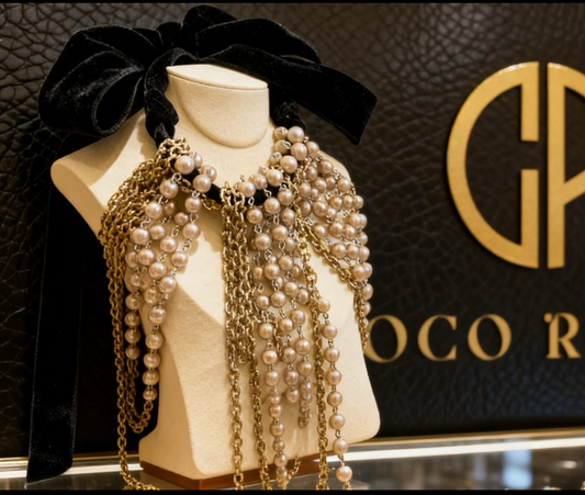 Vintage 1990s Lanvin Velvet Ribbon & Pearl Cascade Chain Necklace
