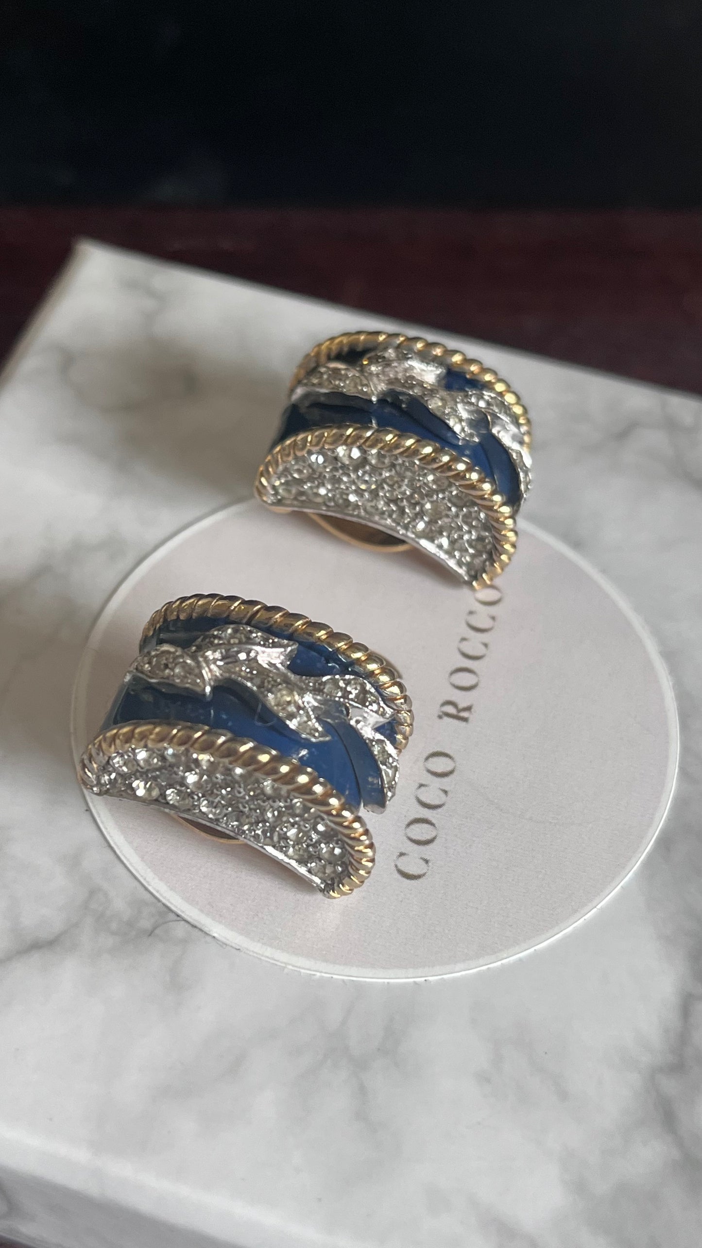 Joseph Mazer 'Empress Josephine' Navy Enamel & Crystal Bracelet and Earrings Set c.1950