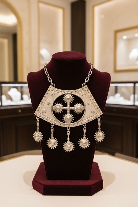 Accessocraft N.Y.C. 1970s Byzantine Cross Silver-Tone Statement Bib Necklace