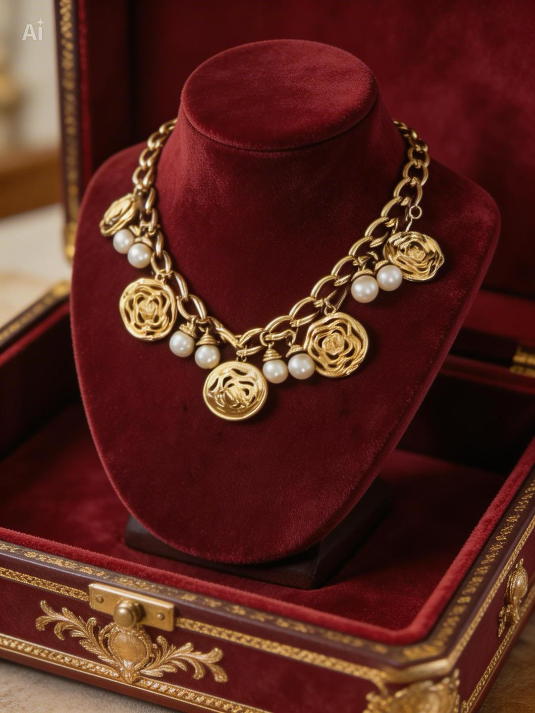 👑 COUTURE STATEMENT: Jean Louis Scherrer 1980s Gold Plated Medallion & Pearl Choker Necklace