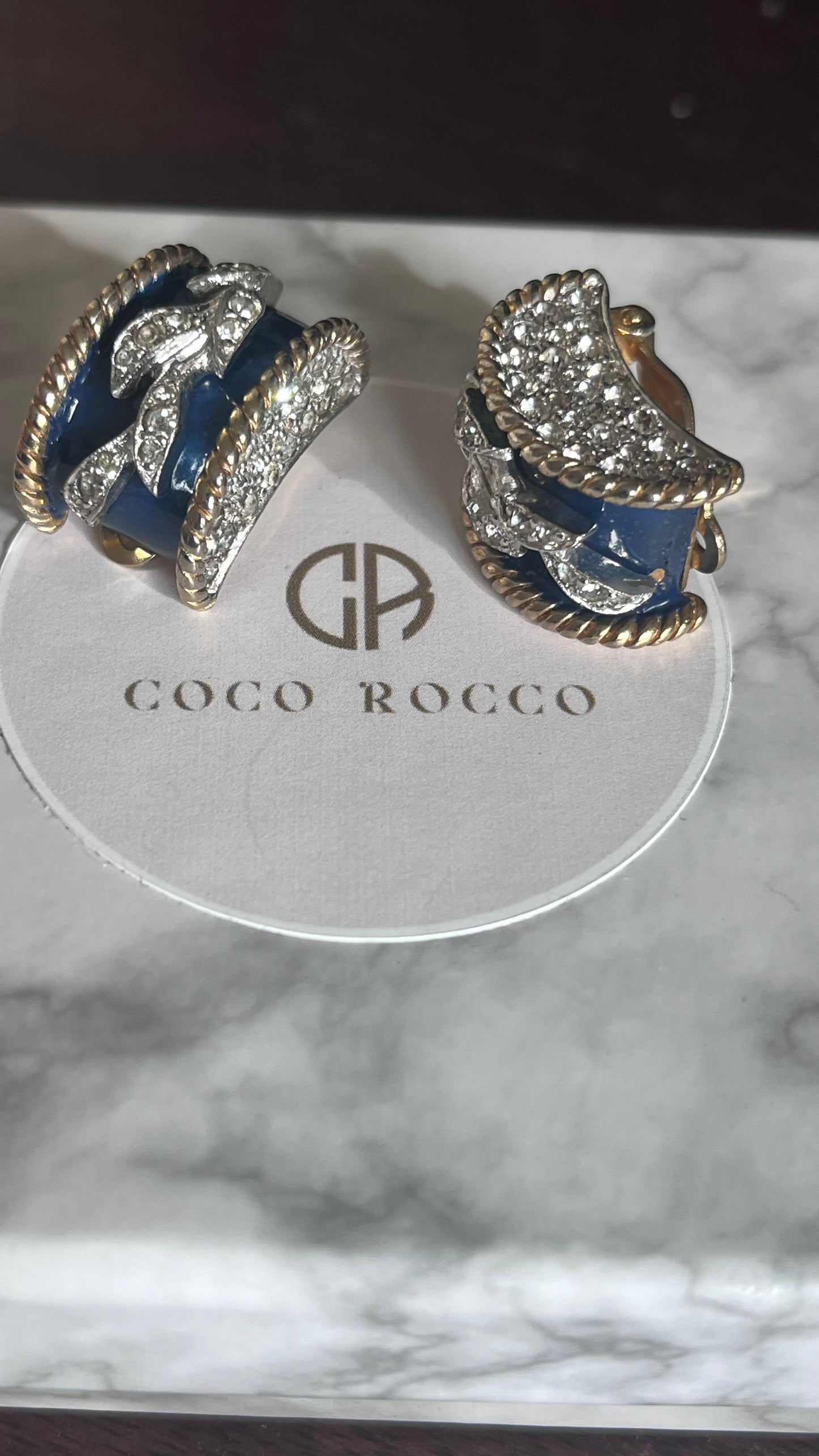 Joseph Mazer 'Empress Josephine' Navy Enamel & Crystal Bracelet and Earrings Set c.1950