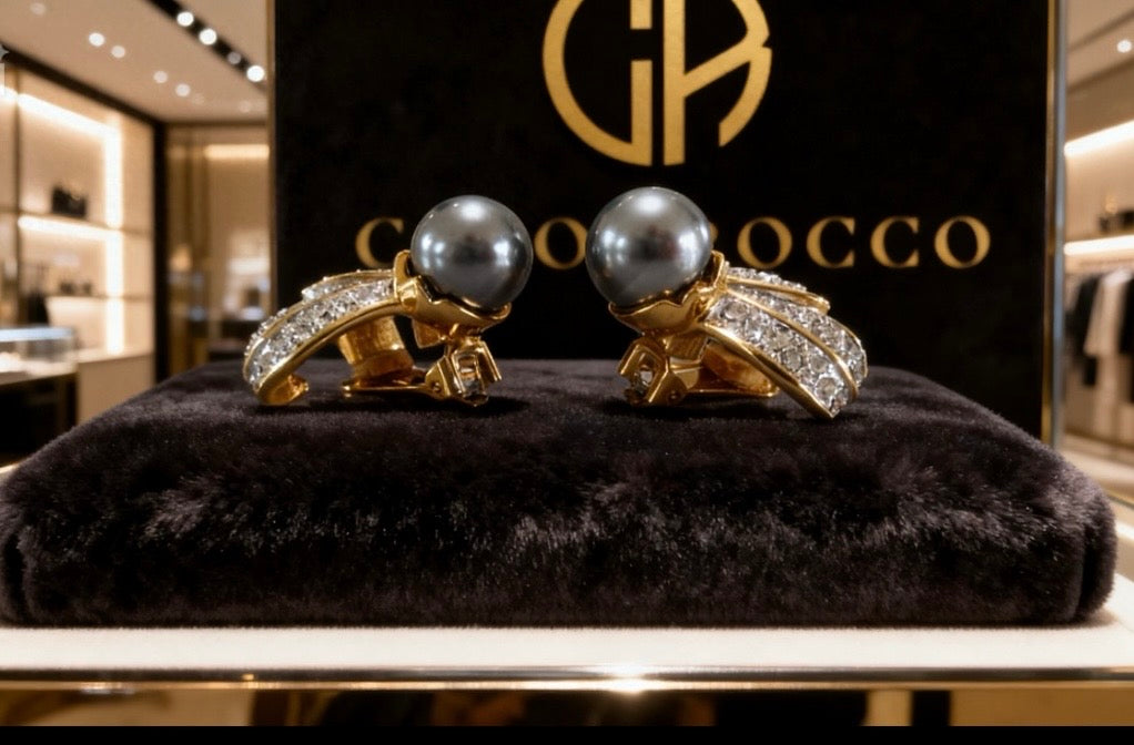✨ LUMINOUS GLAMOUR: Kenneth Jay Lane 1980s Grey Pearl & Crystal Leaf Clip Earrings