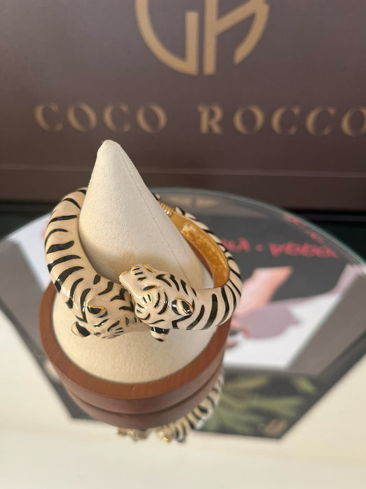 🐅 POWER STATEMENT: Kenneth Jay Lane 1990s White Tiger Enamel Bracelet - Fierce Luxury