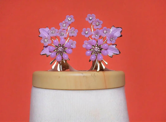 🌸 RARE FIND: Coro 1950s Lilac Floral Climber Earrings - Plastic & Rhinestone