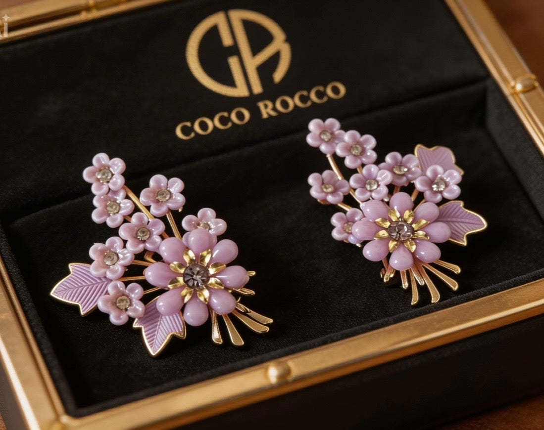 🌸 RARE FIND: Coro 1950s Lilac Floral Climber Earrings - Plastic & Rhinestone