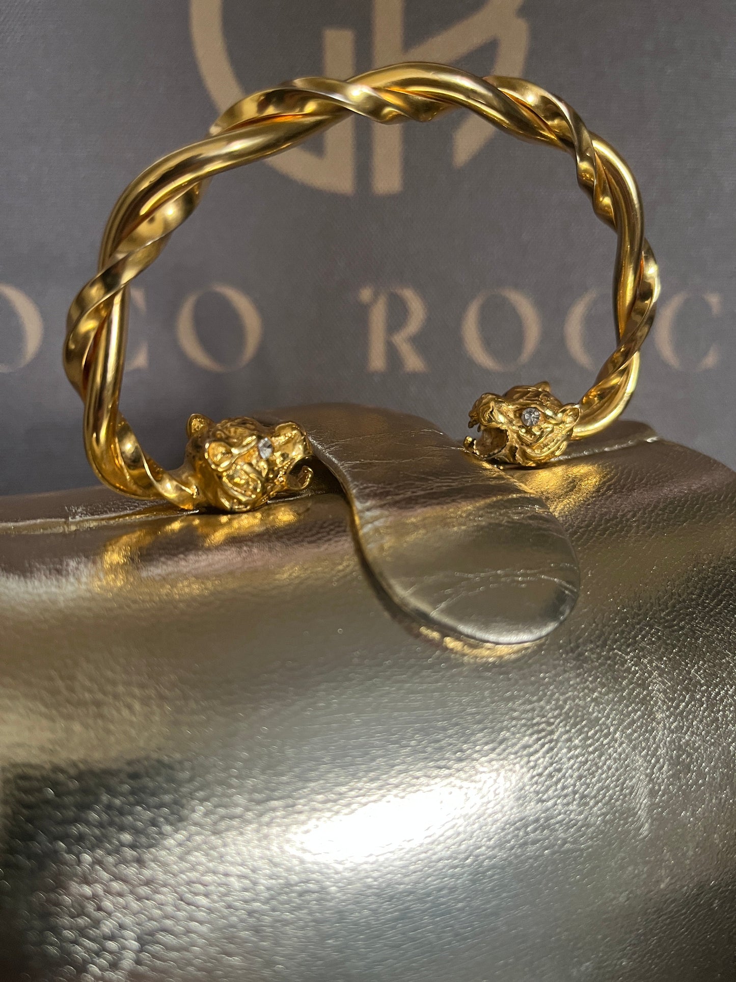 ✨ ITALIAN ICON: Rodo 1980s Metallic Gold Box Bag - Diamond-Eyed Panther Handle