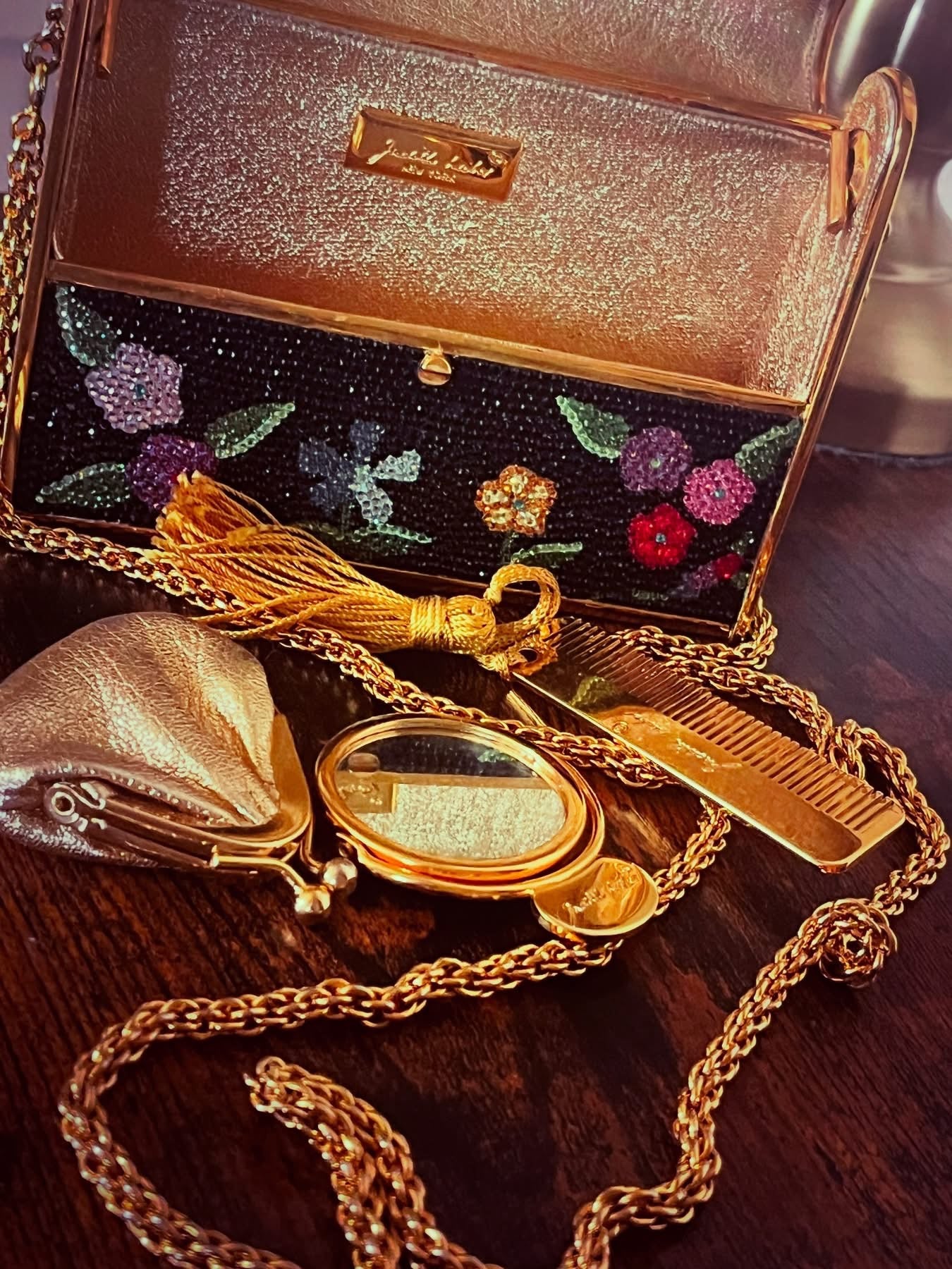 💎 MUSEUM TREASURE: Judith Leiber 1980s Crystal Floral Minaudière - Complete with Mirror, Coin Purse & Comb