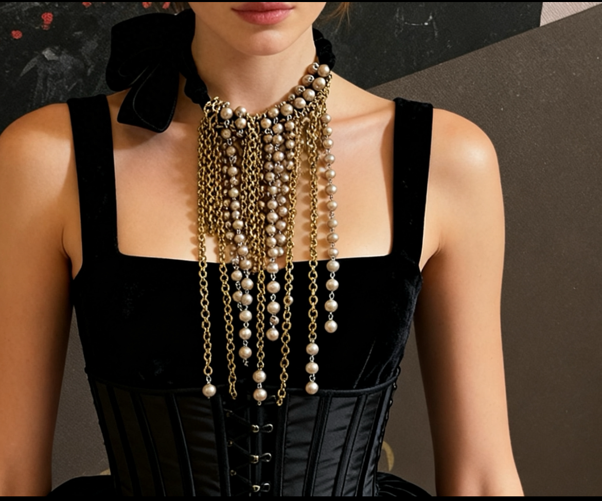 Vintage 1990s Lanvin Velvet Ribbon & Pearl Cascade Chain Necklace
