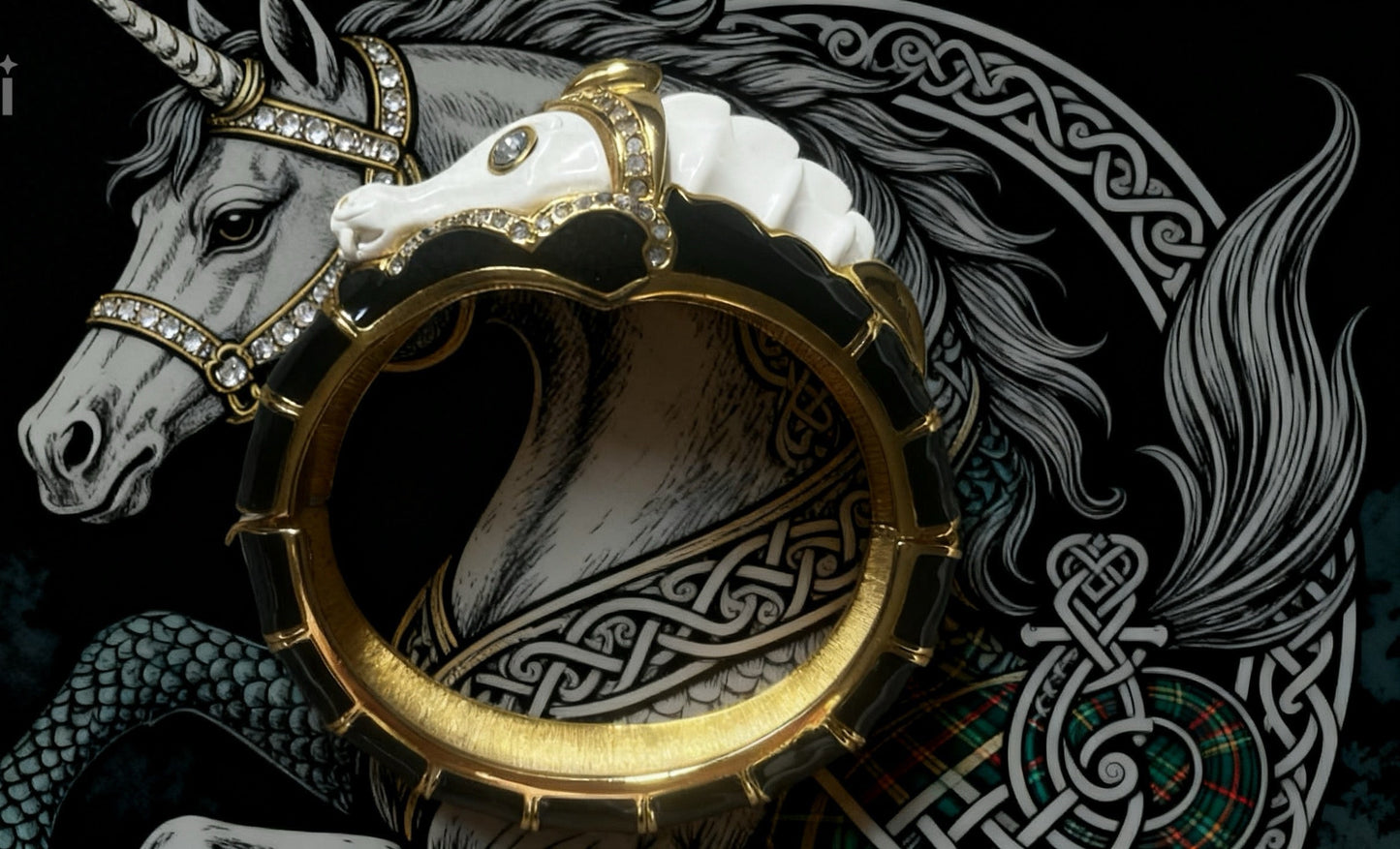 Kenneth Jay Lane Rare Kelpie Figural Bangle — Black & White Enamel & Crystal Pavé