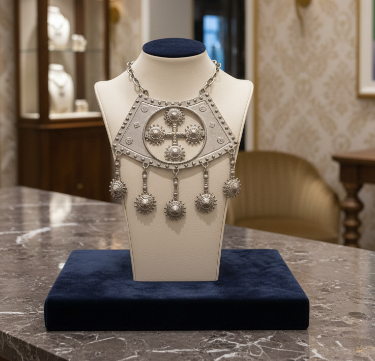 Accessocraft N.Y.C. 1970s Byzantine Cross Silver-Tone Statement Bib Necklace