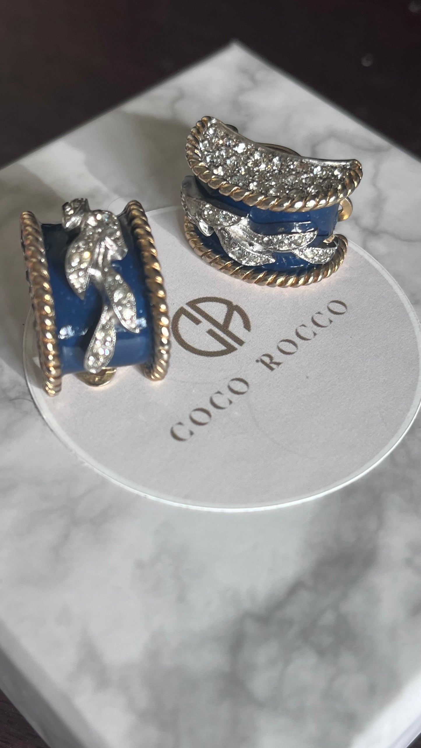 Joseph Mazer 'Empress Josephine' Navy Enamel & Crystal Bracelet and Earrings Set c.1950