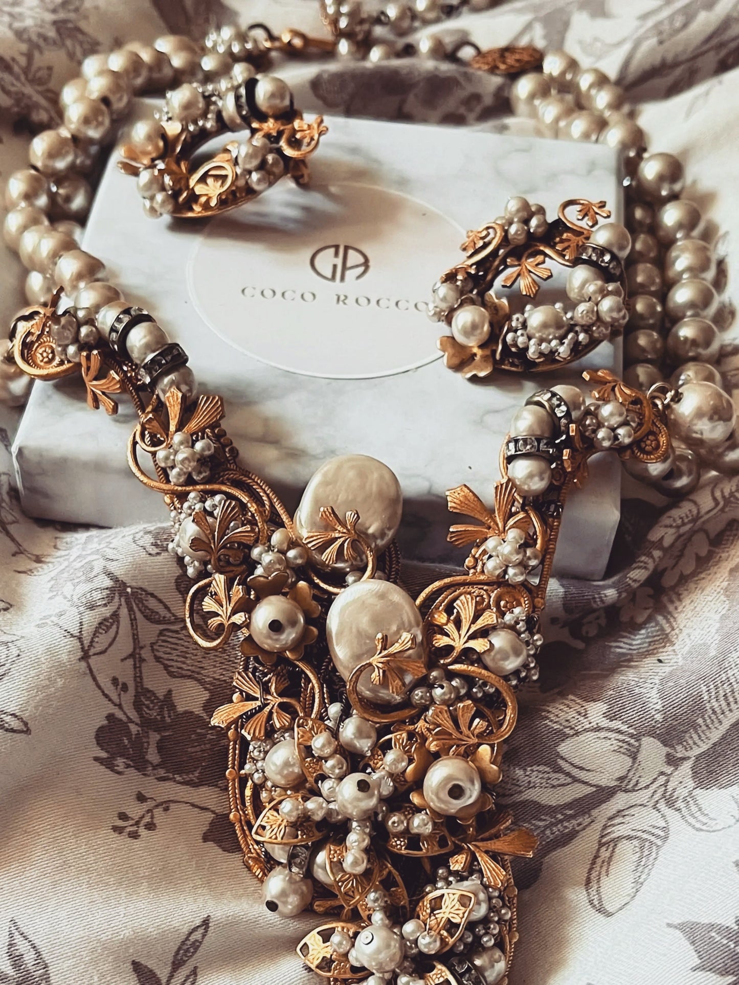 Miriam Haskell Versailles Set — Pearl, Crystal & Gold Wreath Earrings with Double Strand Necklace