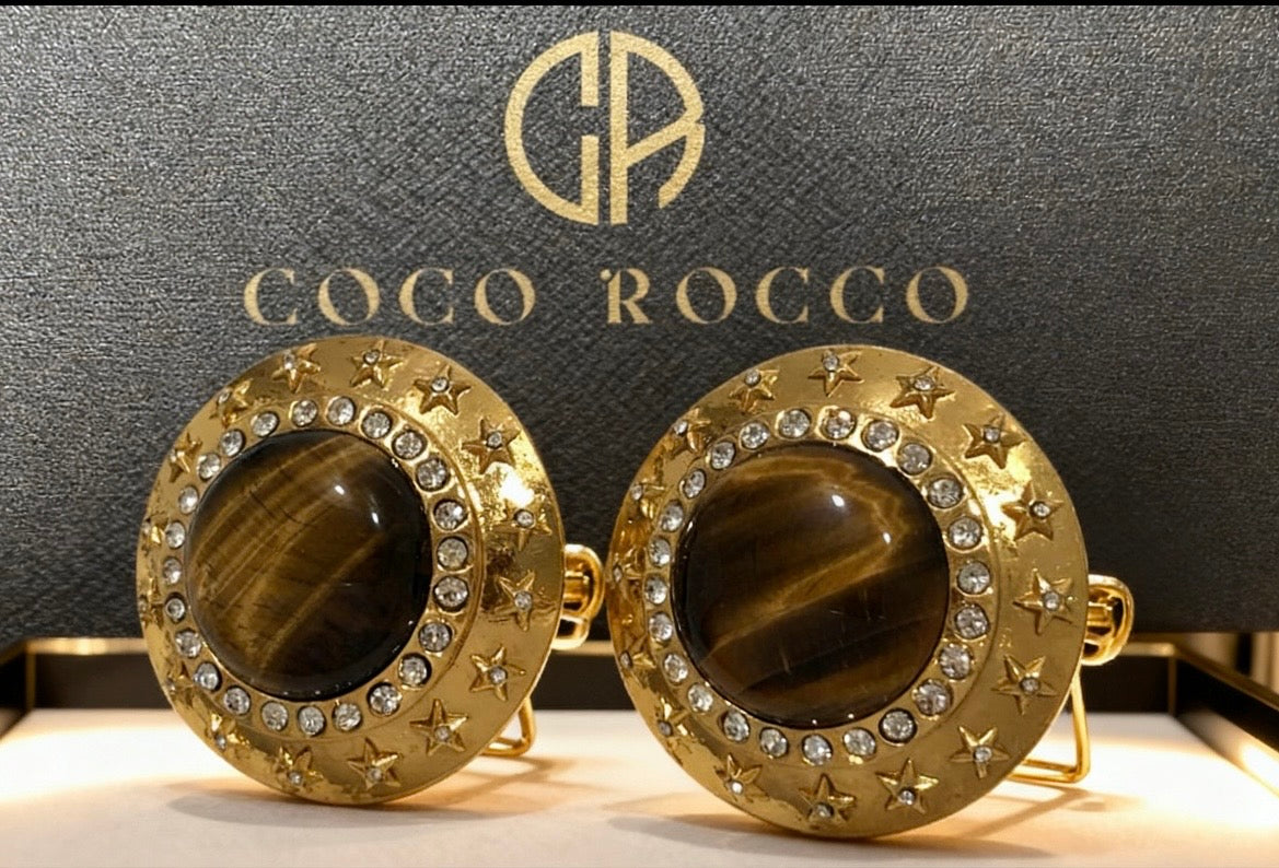 1988 Chanel Tiger's Eye Rhinestone Gold Plated Extra Large Clip Earrings