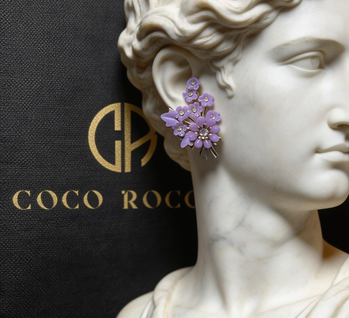 🌸 RARE FIND: Coro 1950s Lilac Floral Climber Earrings - Plastic & Rhinestone