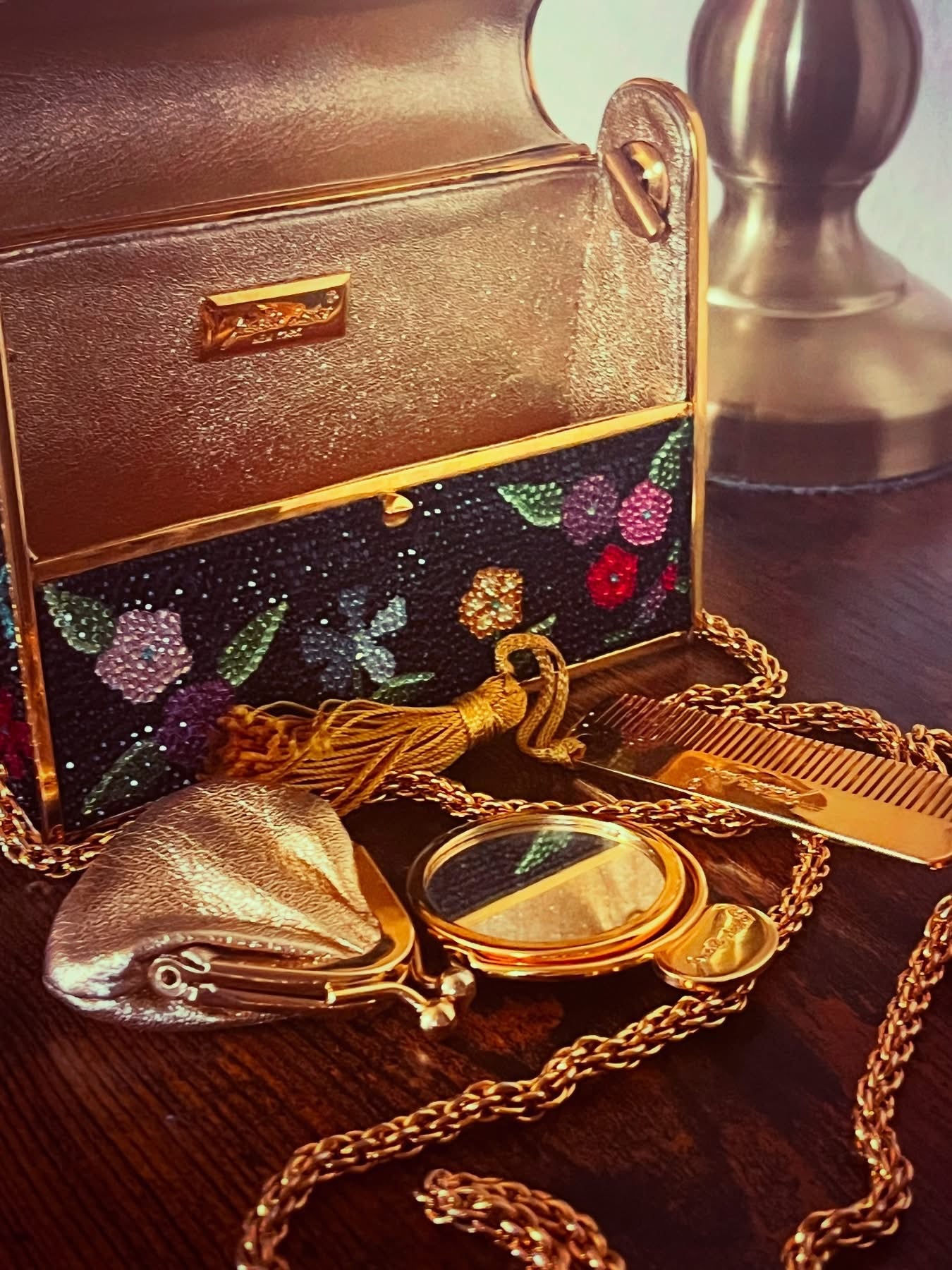 💎 MUSEUM TREASURE: Judith Leiber 1980s Crystal Floral Minaudière - Complete with Mirror, Coin Purse & Comb