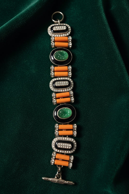 Kenneth Jay Lane Rare Vintage Jade, Coral & Crystal Silver-Plated Bracelet / Necklace
