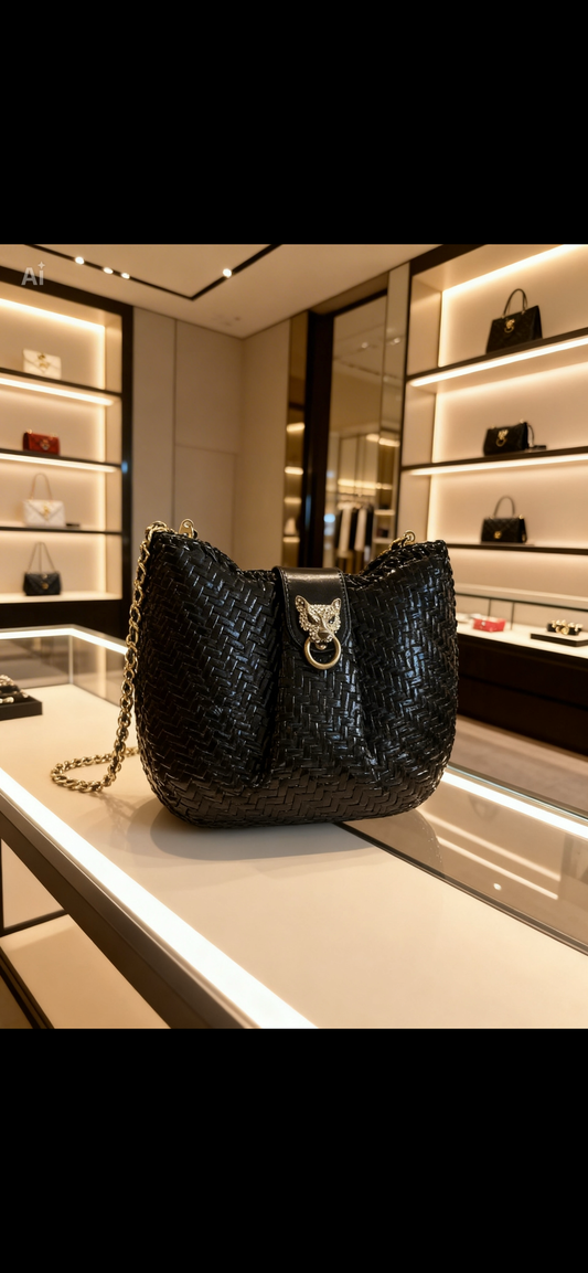 🐆 ITALIAN LUXURY: Vintage Mila Schön Black Woven Basket Bag - Crystal Panther Clasp
