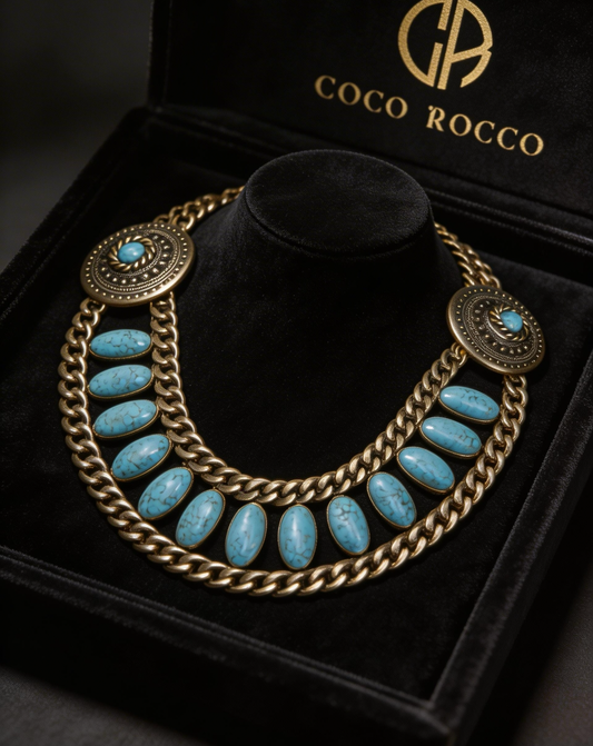 🏛️ MUSEUM MASTERPIECE: Rambaud 1980s Turquoise Grecian Statement Necklace - Classical Elegance