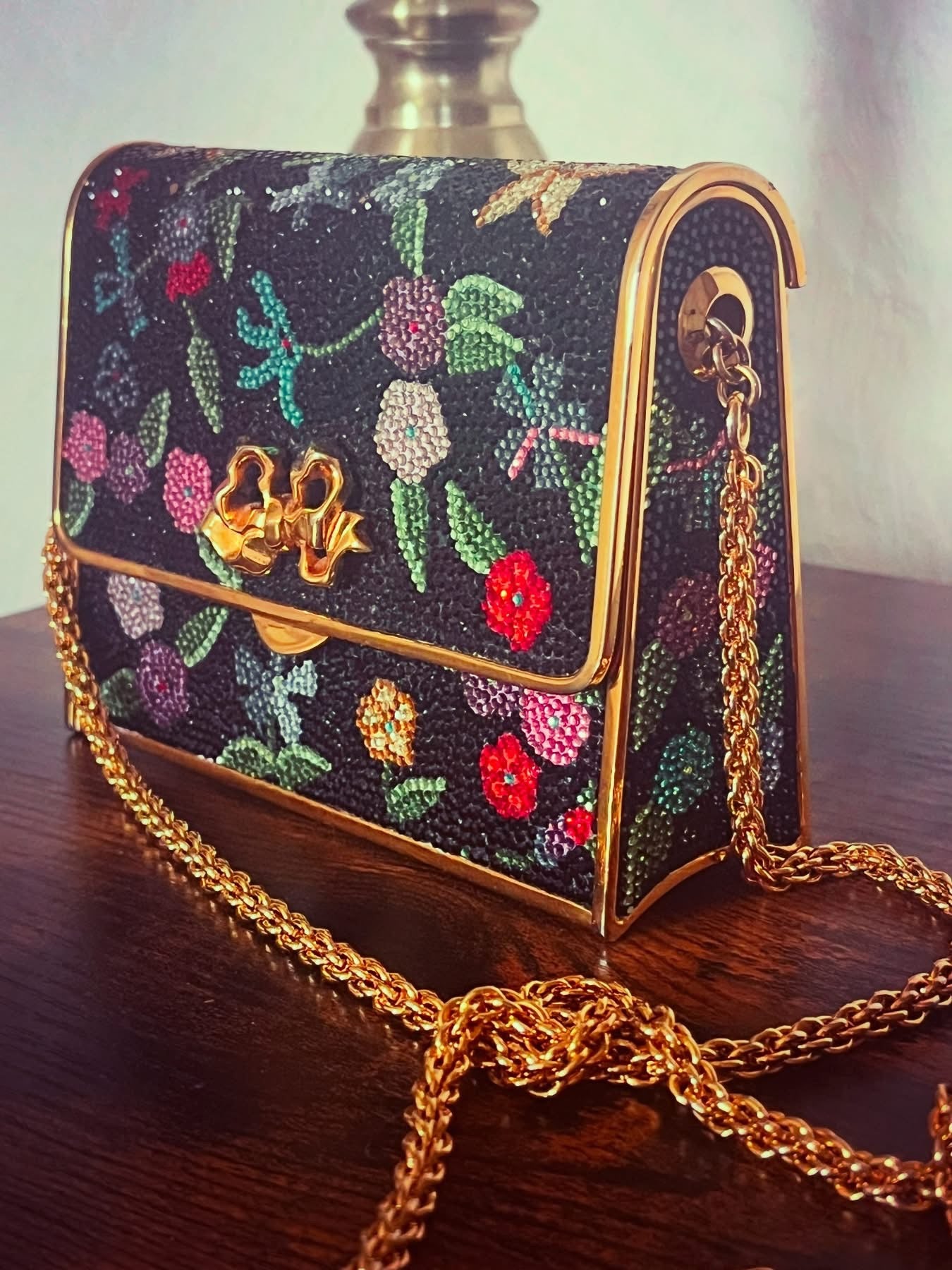 💎 MUSEUM TREASURE: Judith Leiber 1980s Crystal Floral Minaudière - Complete with Mirror, Coin Purse & Comb