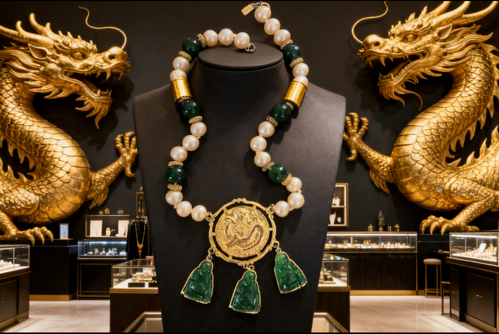 🐉 COLLECTOR'S TROPHY: Donald Stannard 1970s–80s Imperial Dragon & Malachite Shrine Pearl Necklace — Signed