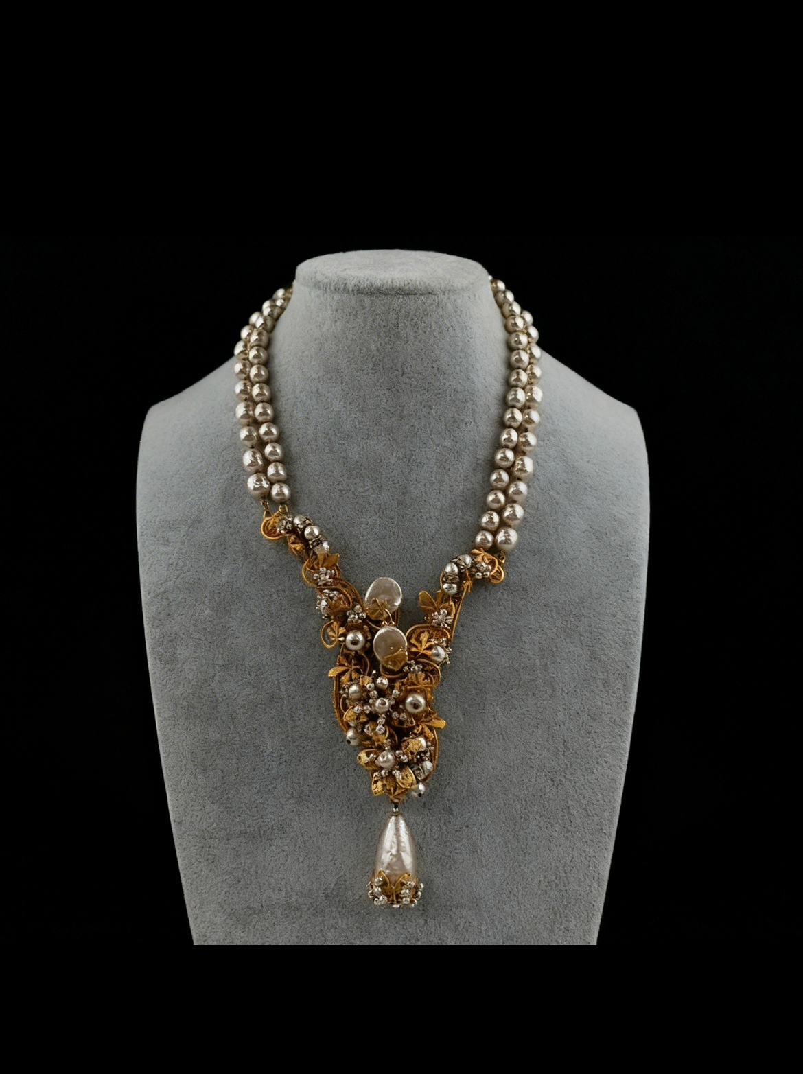 Miriam Haskell Versailles Set — Pearl, Crystal & Gold Wreath Earrings with Double Strand Necklace