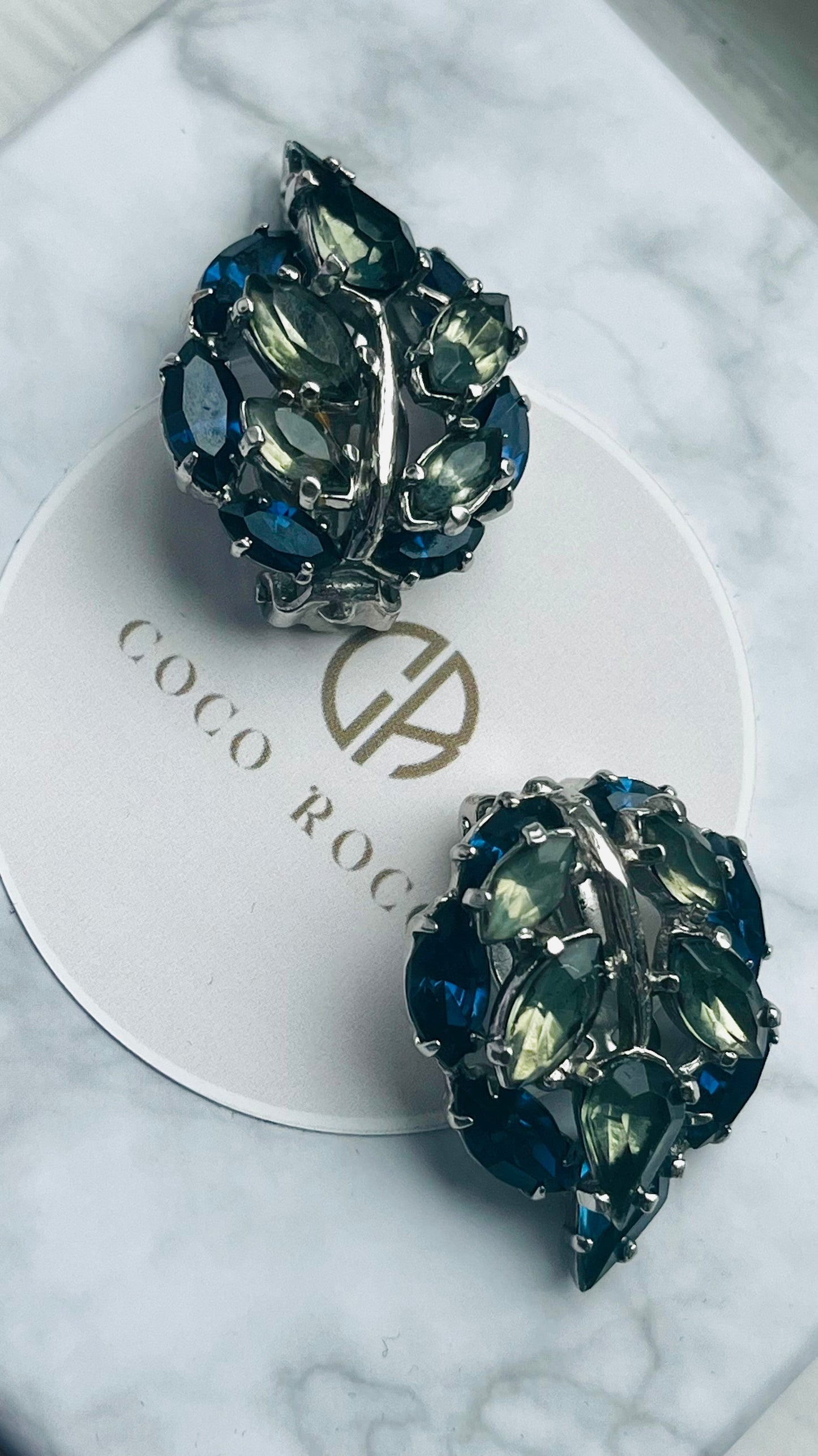 💎 COLLECTOR'S PIECE: Dior by Mitchel Maer 1950s — Sapphire & Sage Crystal Leaf Clip-On Earrings