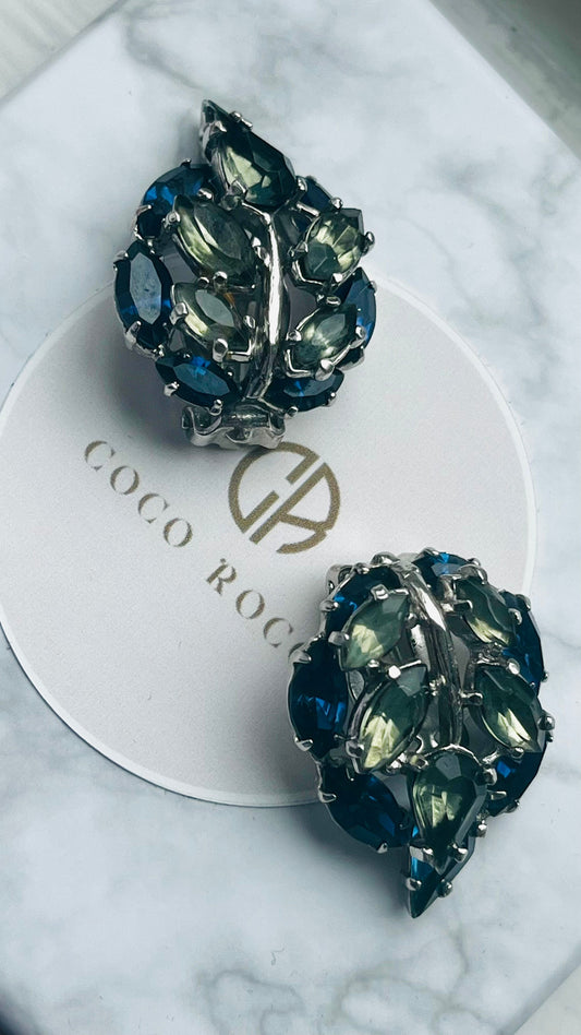 💎 COLLECTOR'S PIECE: Dior by Mitchel Maer 1950s — Sapphire & Sage Crystal Leaf Clip-On Earrings