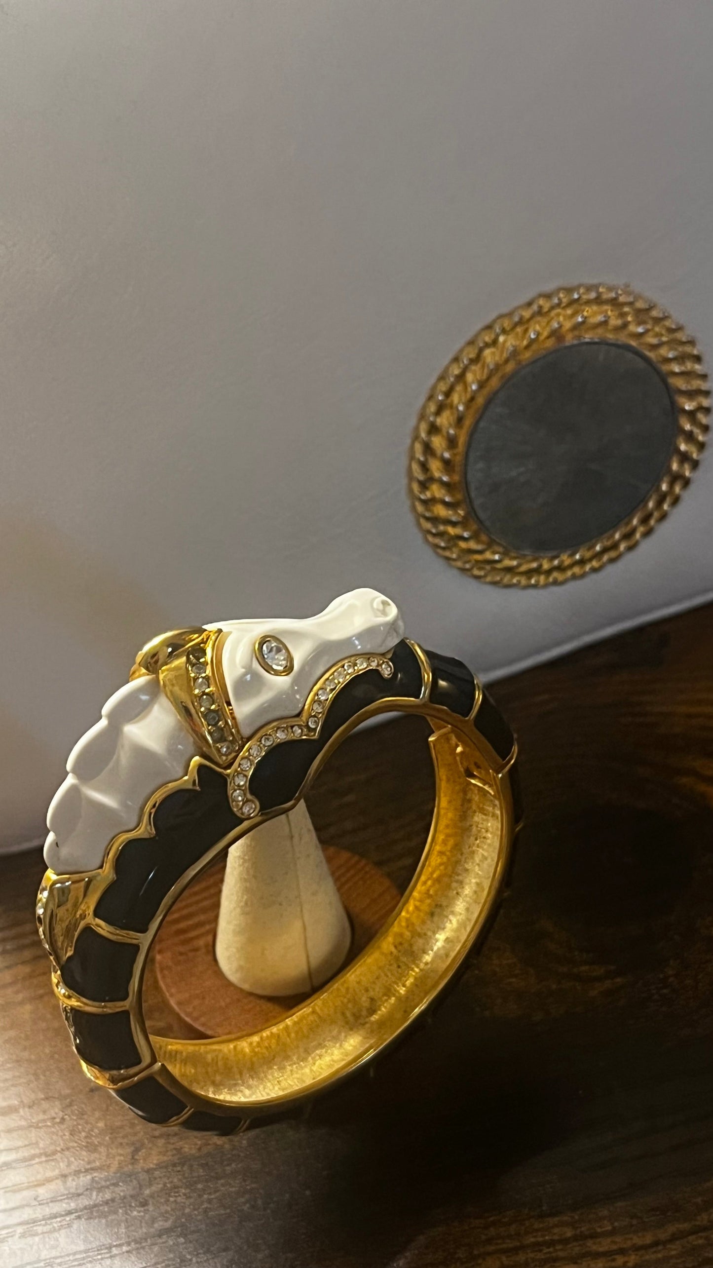 Kenneth Jay Lane Rare Kelpie Figural Bangle — Black & White Enamel & Crystal Pavé