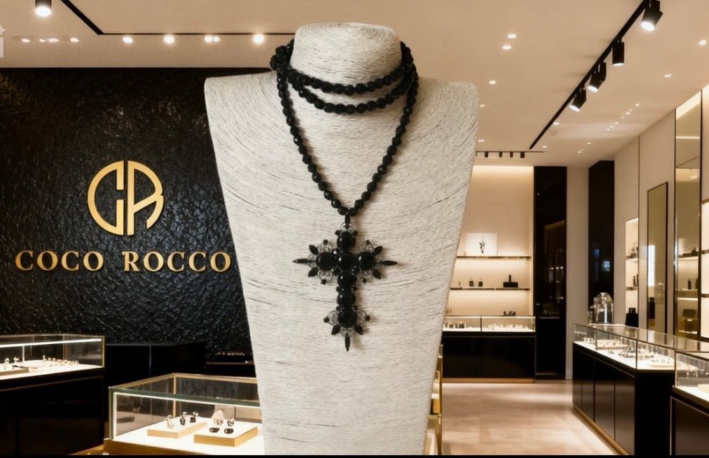 RJ Graziano Extra Large Double Strand Black Bead Cross Necklace