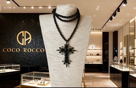 RJ Graziano Extra Large Double Strand Black Bead Cross Necklace