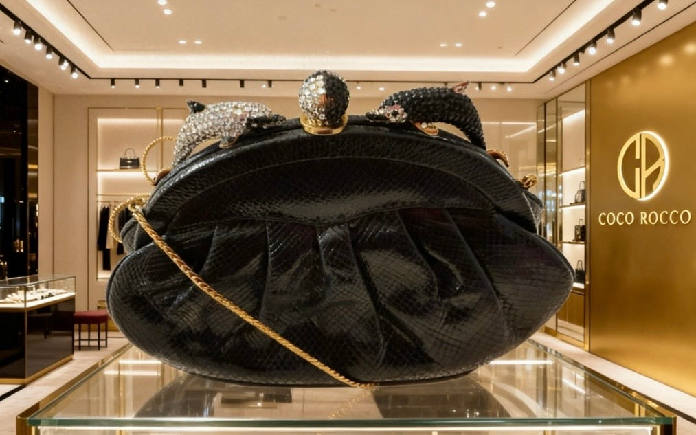 Finesse La Mode Vintage Black Snakeskin Evening Bag — Crystal Dolphin Clasp | 1980s Collector's Piece