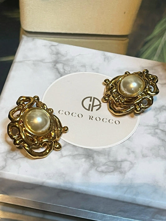 👑 COUTURE ELEGANCE: Jean Louis Scherrer 1980s Gold Plated Baroque Pearl Clip-On Earrings