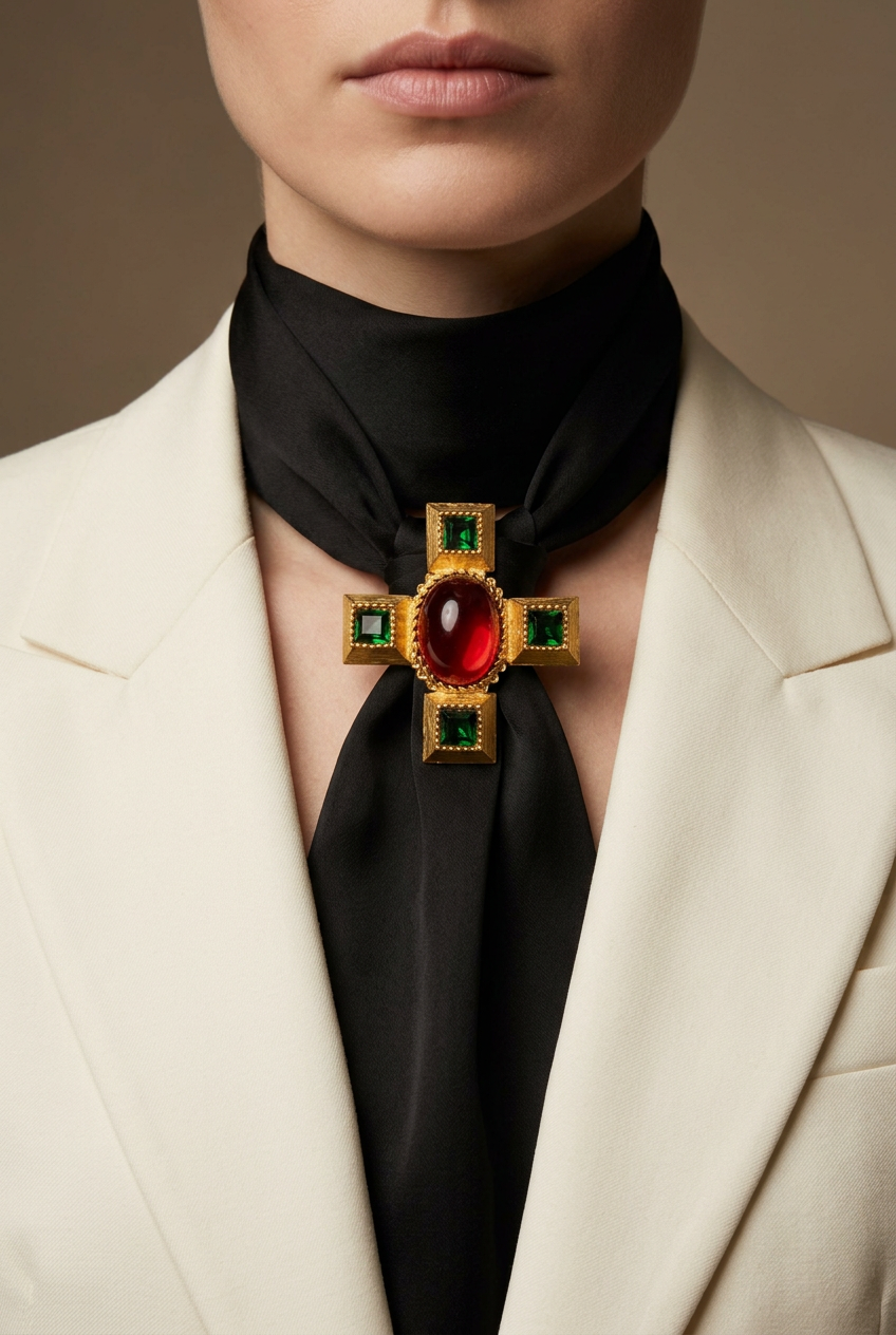 AI-styled KJL Byzantine cross worn on a black silk cravat; cravat is a styling accessory