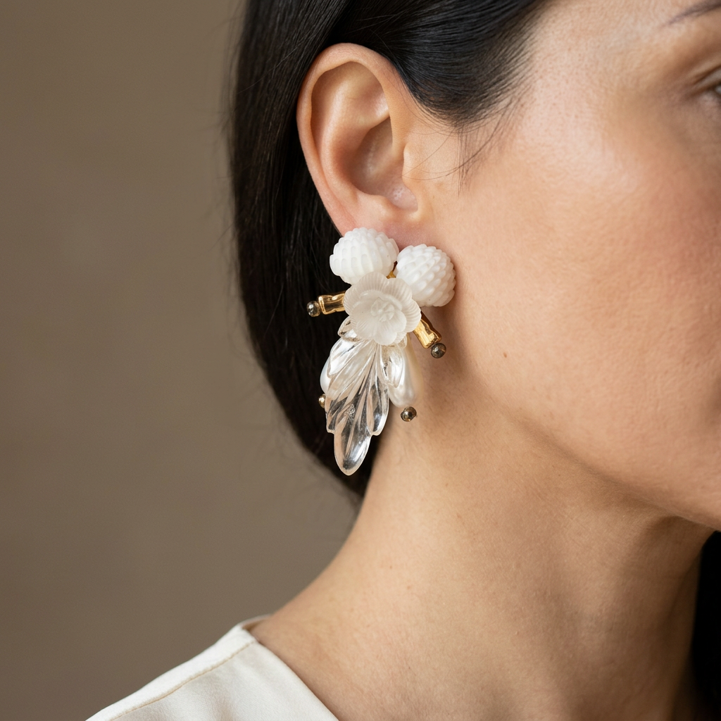 AI-styled on-ear editorial view of vintage Lucite floral earring