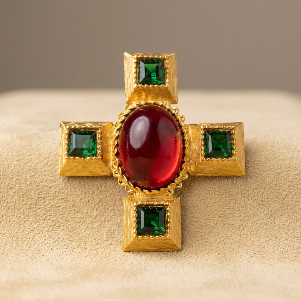 AI-styled Kenneth Jay Lane Byzantine cross on cream suede
