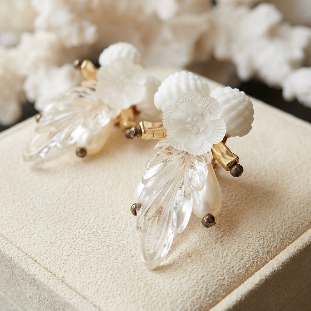 AI-styled close-up of vintage Lucite floral earrings