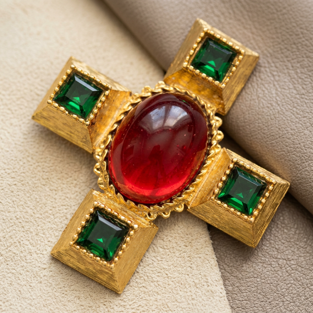 AI-styled detail of KJL Byzantine cross red centre and green stones